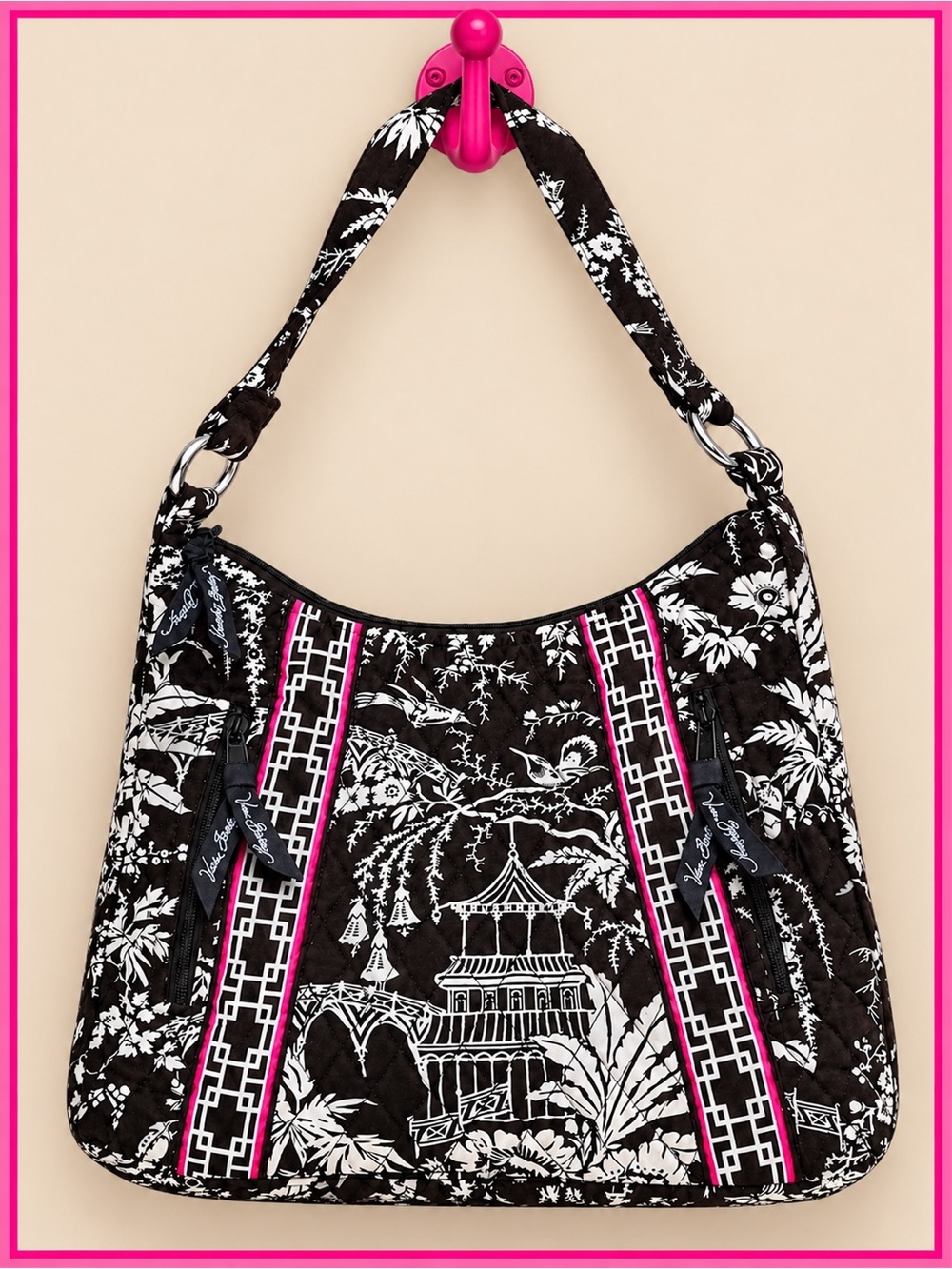 Vera Bradley Brown & White Imperial Toile Hobo Shoulder Bag Pink Trim